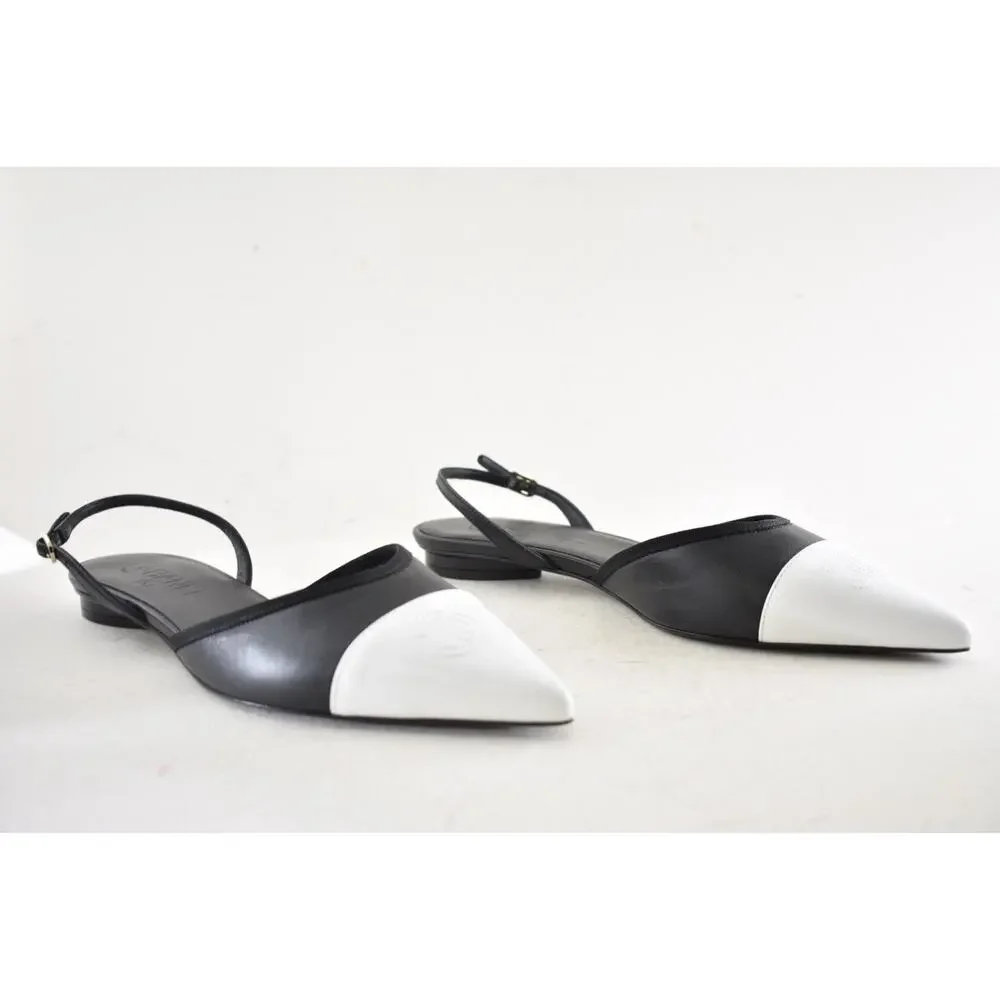 Chanel 26P Black White Pointed Toe CC Logo Slingback Ballet Ballerina Flat 38.5